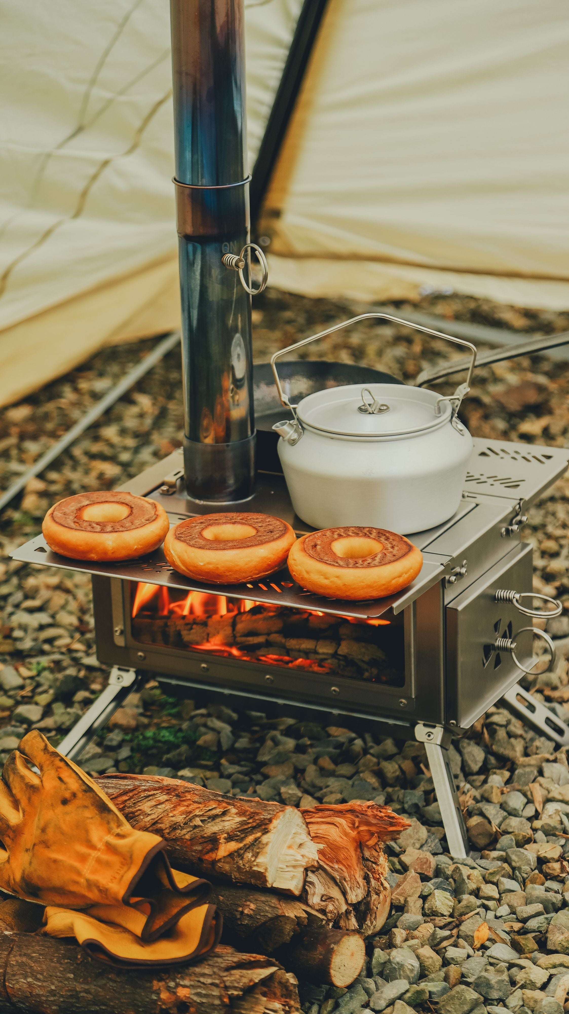 cooking inside tent FIREMAPLE Stainless Steel Hot Tent Stove – Foldable Wood Burning Stove with Chimney Pipe & Full Accessory Kit – CosyCamp