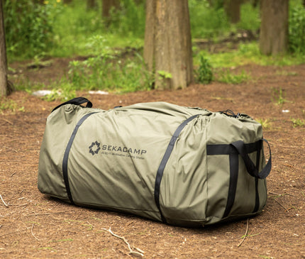 SEKACAMP Square Air Tent 8 packed in its olive carry bag