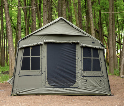 Front view of the olive SEKACAMP Square Air Tent 8 showing the door and mesh windows