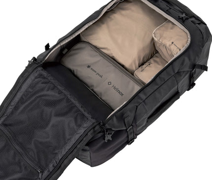 Snow Peak OT Packing Cube S, M and L – overhead close-up of OT Packing Cubes packed inside an open OT Duffel Bag alongside other equipment