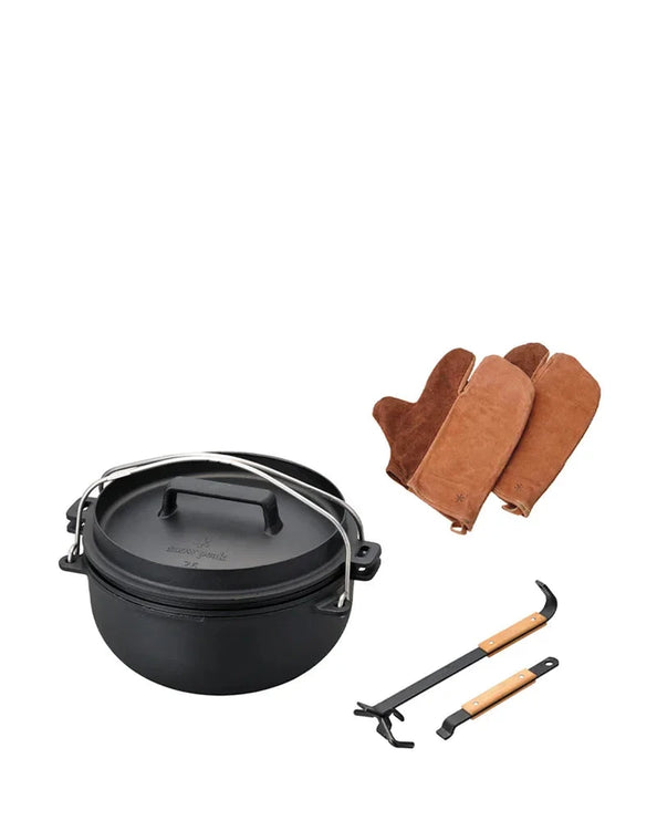 SNOW PEAK Takibi Cooking Set Accessory Fast Bundle SNOW PEAK Dutch Oven Lifter Pro + Cast Iron Oven SNOW PEAK Cast Iron Oven 26cm + SNOW PEAK Camper's Mittens 