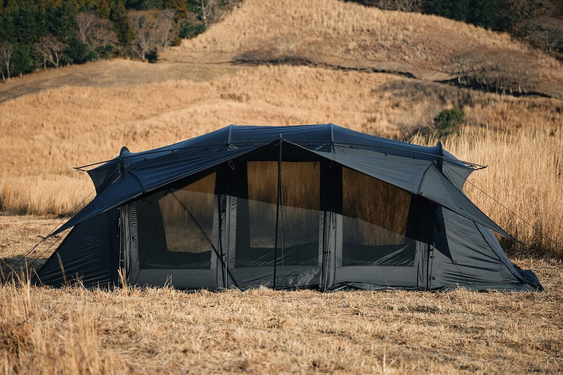 TOKYO CRAFTS Wing Fort 5th Anniversary Tent – Black – black anniversary tent pitched at camp